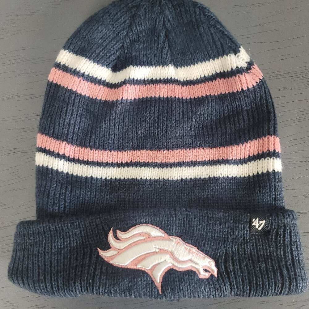 47 Brand Beanie Denver Broncos NFL Navy Pink Marled Stripe Cuff Knit Hat Cap